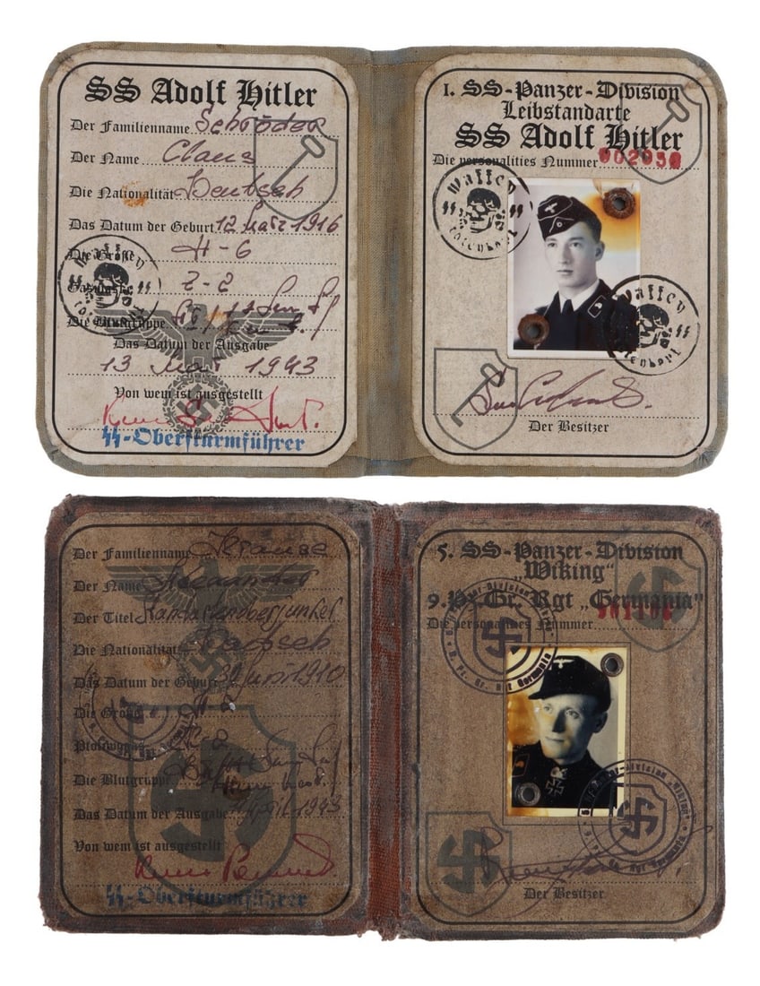 WWII GERMAN THIRD REICH SS PANZER AUSWEIS LOT OF 2: Two ausweises for the SS panzer troops of the German Third Reich.