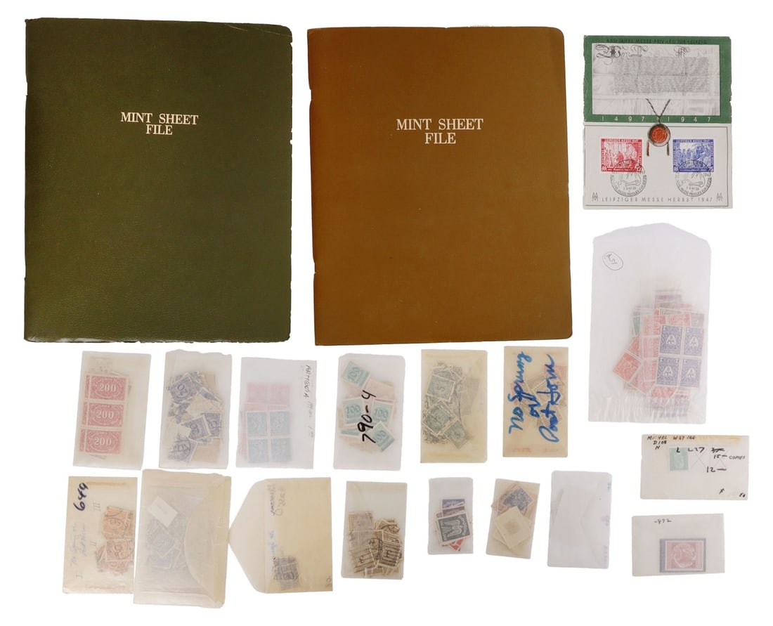 WWII GERMAN THIRD REICH STAMP SETS LOT OF 3: Three sets of Third Reich stamps, two mint sheet files and one envelope. Very good, original condition.