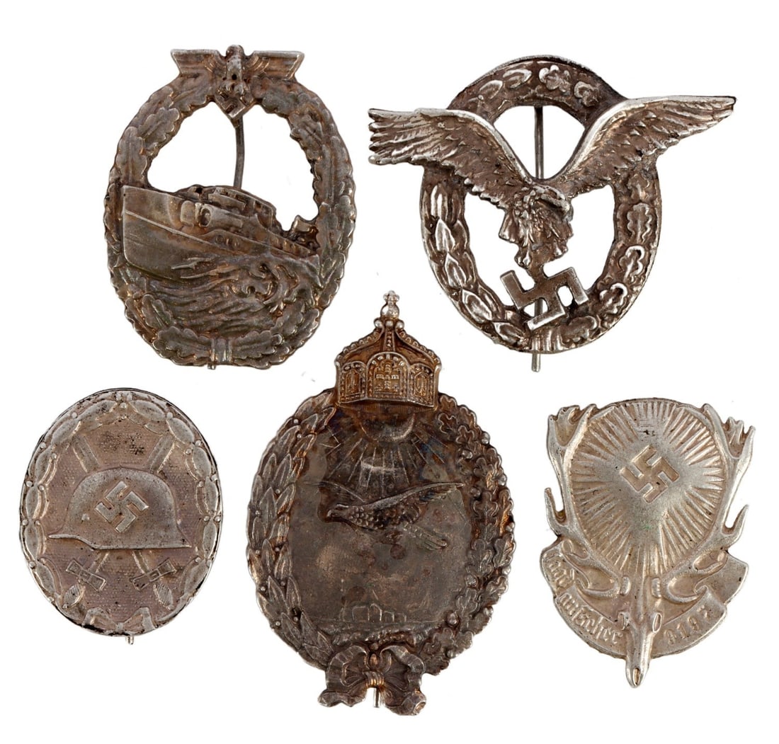 WWII GERMAN THIRD REICH BADGES LOT OF 5: 1) Luftwaffe pilot. 2) Wound badge. 3) Kriegsmarine E-Boat badge. 4) NSDAP hunting society. 5) WWI imperial navy pilot.