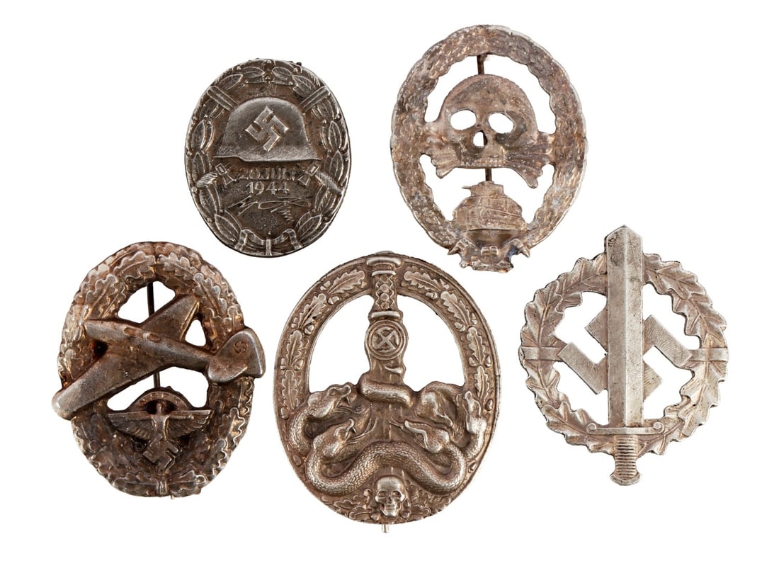 WWII GERMAN THIRD REICH BADGES LOT OF 5: 1) SA sports badge. 2) Anti-partisan warfare badge. 3) July 20, 1944 wound badge. 4) Condor Legion panzer badge. 5) NSFK pilot's badge.