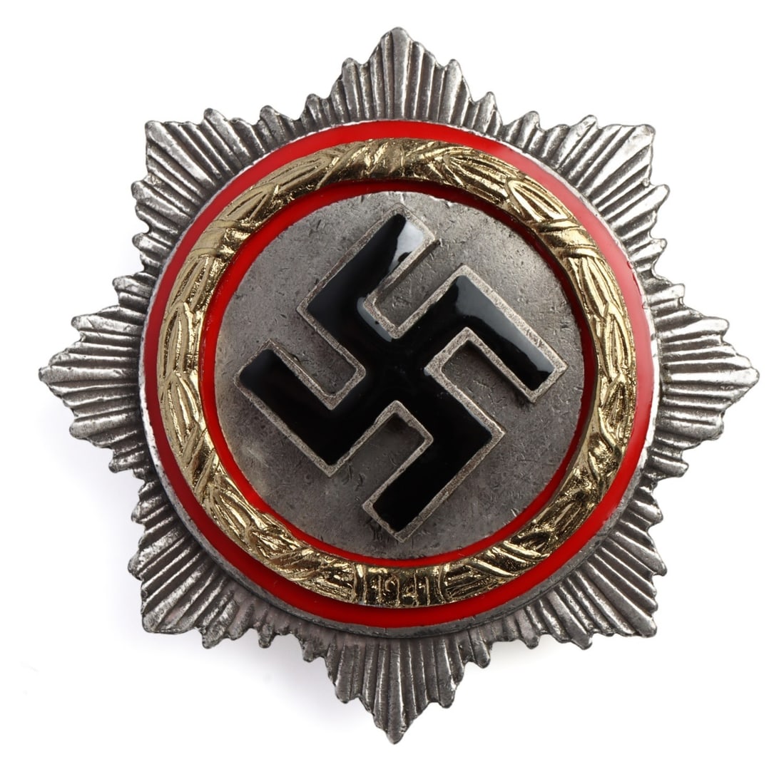 WWII GERMAN THIRD REICH GERMAN ORDER IN GOLD: Swastika inside a wreath, framed by a corona. G. Brehmer maker's mark.