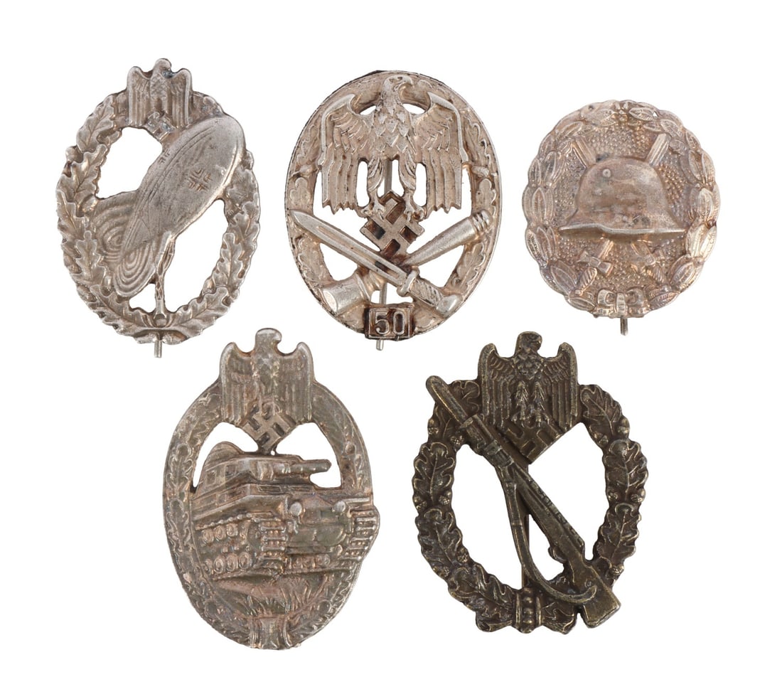 WWII GERMAN THIRD REICH HEER BADGES LOT OF 5: Five badges from the Heer of the Wehrmacht of the German Third Reich. 1) Heer balloon pilot. 2) Heer general assault (fifty assaults). 3) Wound badge. 4) Infantry assault. 5) Heer tank assault (three