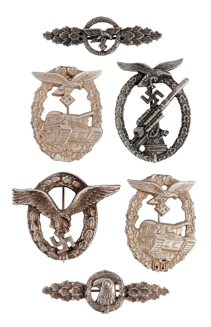 WWII GERMAN THIRD REICH LUFTWAFFE BADGES LOT OF 6: 1) Luftwaffe pilot. 2) Luftwaffe anti-aircraft. 3) Luftwaffe tank battle (fifty actions). 4) Luftwaffe tank battle (three battle). 5) Luftwaffe reconnaissance. 6) Luftwaffe transport.