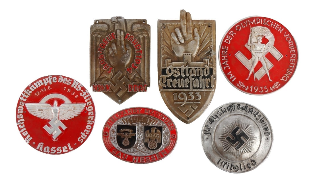WWII GERMAN THIRD REICH SHIELDS LOT OF 6: Six shields of the German Third Reich. 1) 1935 Pre-Olympic games. 2) NSKK/DDAC Gau Hessen 1934 Eastern Rally. 3) RLB car door sign. 4) NSKK/DDAC 1933-1944 Loyalty trip. 5) Saar loyalty drive. 6) 1938