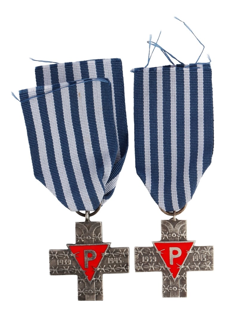 WWII POLISH AUSCHWITZ SURVIVORS CROSS LOT OF 2: A set of Auschwitz Crosses, one from Soviet Poland and one from after the fall of the Iron Curtain.