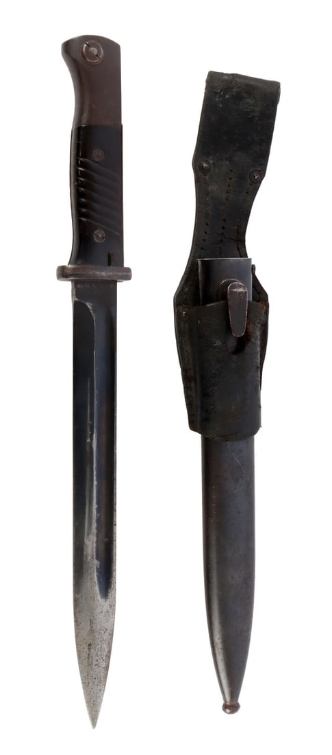 WWII GERMAN K98 FIELD BAYONET 41FFC WITH SCABBARD: K98 bayonet with scabbard and non-matching frog. Ricasso marked "41ffc" and "6544 f." Pommel twice marked "WaA883." Scabbard marked "41ffc" and "3394f." Blade length 9-7/8 inches. Overall length 15-2/