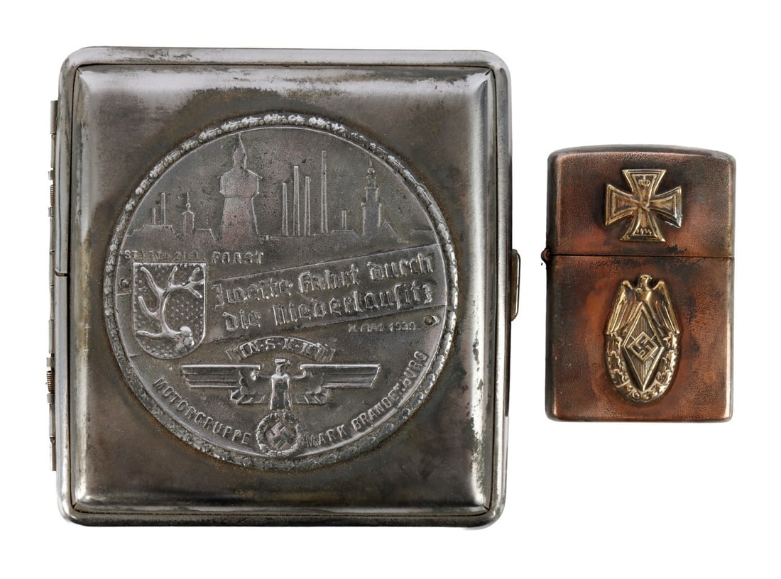 WWII GERMAN THIRD REICH CIGARETTE CASE & LIGHTER: A cigarette case and a lighter bearing the imagery and symbolism of the German Third Reich. Lighter has Hitlerjugend insignia, the case is the NSFK.