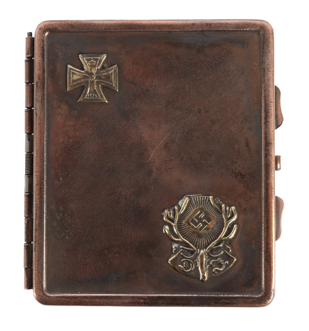 WWII GERMAN THIRD REICH CIGARETTE CASE HUNTING: A cigarette case bearing the symbols of the German Third Reich and the symbols of the Iron Cross and a hunting society.