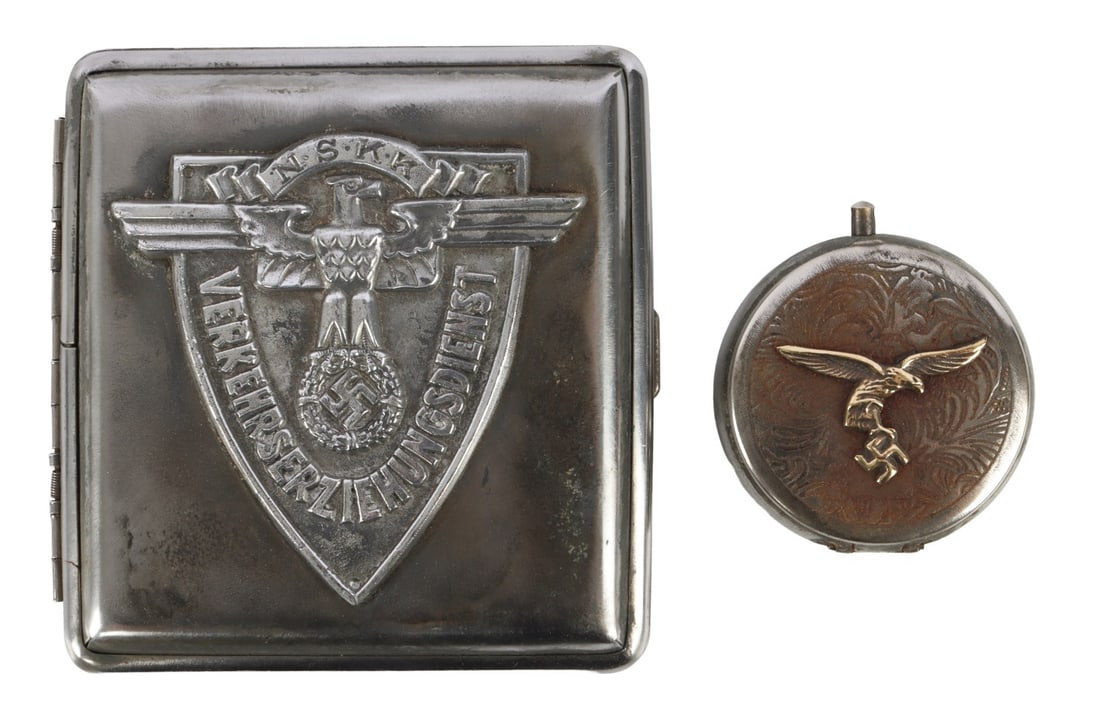 WWII GERMAN THIRD REICH CIGARETTE ITEMS LOT OF 2: Two cigarette accessories with the imagery of the Third Reich. One hunting society cigarette case, one Luftwaffe portable ashtray.