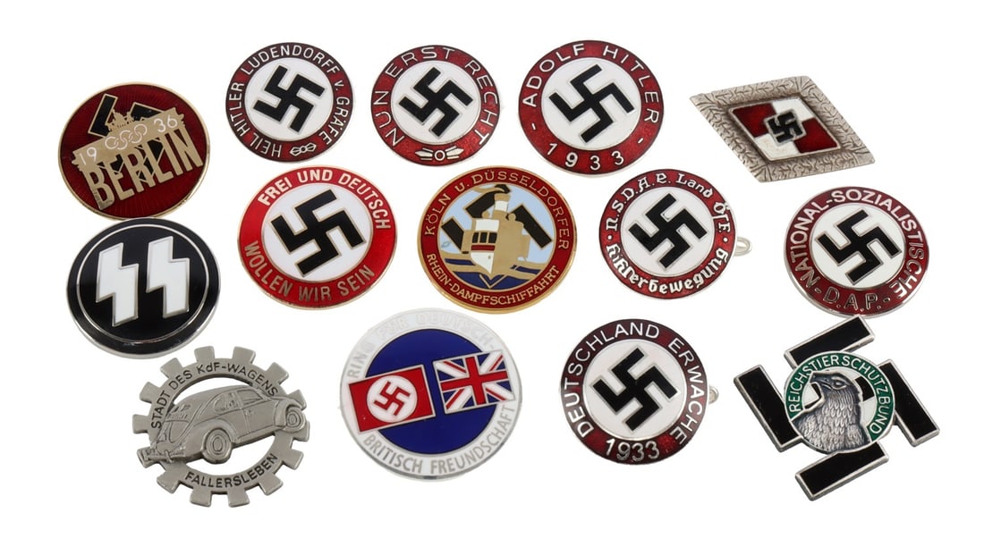 WWII GERMAN THIRD REICH PINS LOT OF 14: A good mix of fourteen pins from various Third Reich organizations.