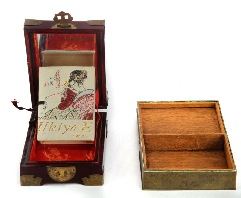 2 VINTAGE JADE CHINESE PLAYING CARDS DECK HOLDERS: Two jade playing card deck holders one is made of brass with jade in the center with four seals (one in each corner of the box, box measures 4.5 by 3.5 by 1.5. The other box is made of wood with brass