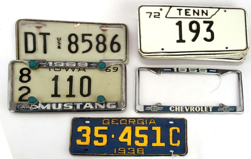 1938 -1970 GEORGIA IOWA TENNESSEE LICENSE TAG LOT: Includes 1955 Chevrolet license frame, 1969 Iowa plate with 69 Mustang frame, 1938 Georgia repaint plate, Germany American plate, four year run of Tennessee 1971 to 1974 plates with 193A , three year 