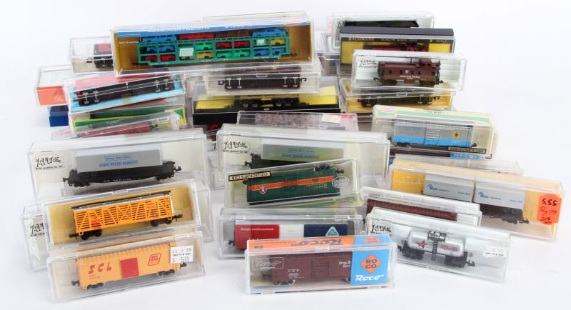 N GAUGE TRAIN FREIGHT CAR NEW IN BOX OVER 50: Freight cars and Caboose lot , higher quality Atlas, Bachmann, Arnold, Roundhouse, Model Power, Life Like, the majority being Atlas