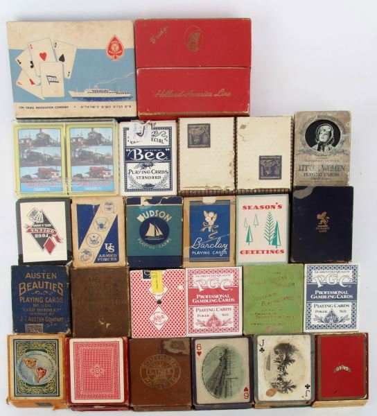 ANTIQUE & VINTAGE PLAYING CARD COLLECTION 24 SETS: Includes Cunard lone, Little Women RKO, two sets unopened from The Dunes, No. 500 Swastika back set, Southern Pacific Lines, Florida East Coast set, GM&O Railroad, Southern Pacific Lines Golden West,
