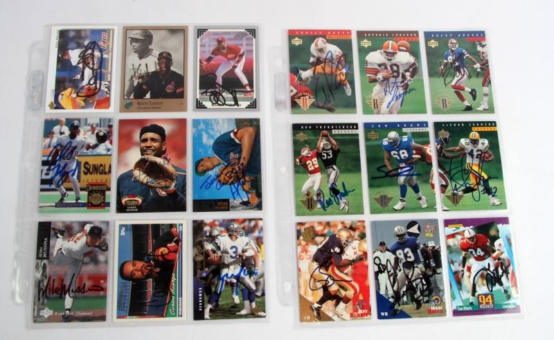 18 AUTOGRAPHED FOOTBALL & BASEBALL CARDS: Cards included in this group are Errict Rhett, Antonio Lanham, Bucky Broks, Rob Fredrickson, Sam Adams, Leshon Johnson, Jeff Burris, Isaac Bruce, Trev Alberts, Cecil Fielder, Kenny Lofton, Reggie Jeff