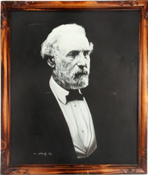 PORTRAIT OF GENERAL ROBERT E LEE ORIGINAL PAINTING: Portrait of Confederate General Robert E. Lee from a photograph taken after the Civil War. Black and white acrylic on canvas, measures approximately 24 by 29 inches, 27 by 31 inches framed; c. late-20