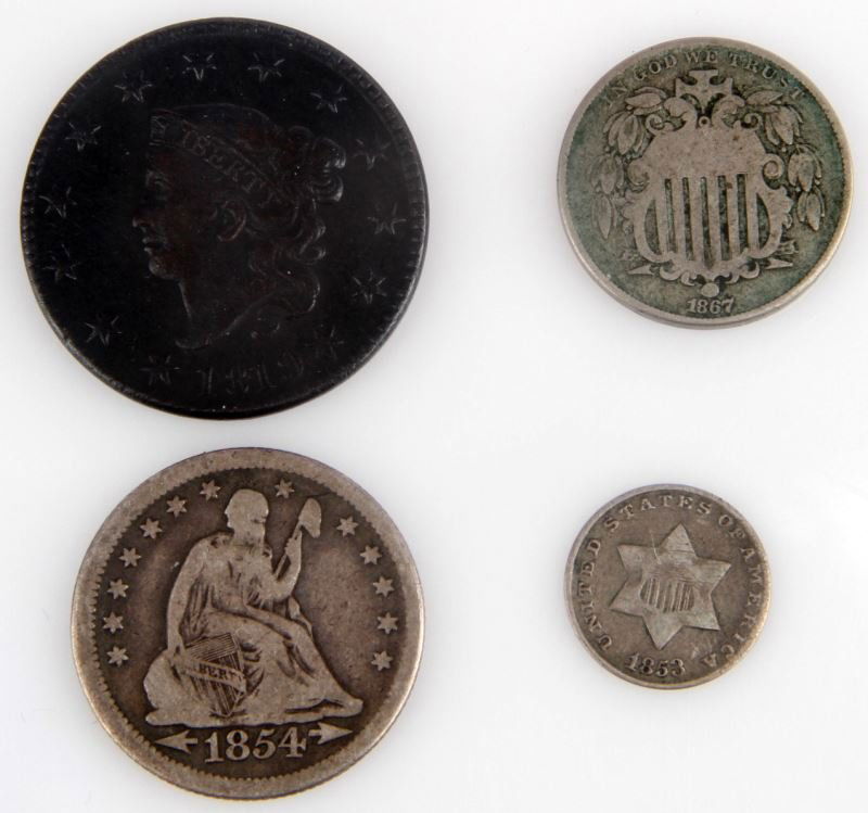 U.S. COIN LOT 3 CENT PIECE LG CENT SEATED SHIELD: Include 1819 Large Cent VF/XF, 1853 silver three cent piece F, 1867 shield nickel G, 1854 Arrows Seated Liberty quarter G.
