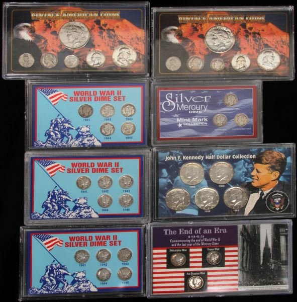 U.S. SILVER COIN LOT DOLLAR HALVES DIMES QUARTER: Each coin type is encased in plastic sets, includes two Peace and other U.S. coins, $2.10 face in Mercury dime sets, for a total of $3.80 face in 90% silver plus two Peace dollars and $1.25 in 40%.