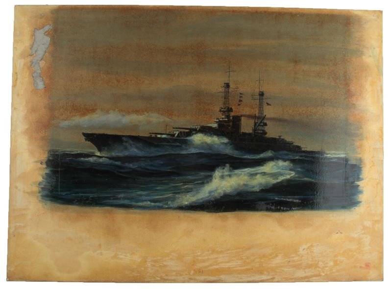 METICULOUS 1920S OIL PAINTING OF USN BATTLESHIP: Painting is apparently a USN New Mexico-class battleship pre-1930 (USS Idaho, USS Mississippi or USS New Mexico). In the style of Water L. Greene and Burnell Poole. The painting appears to be a period