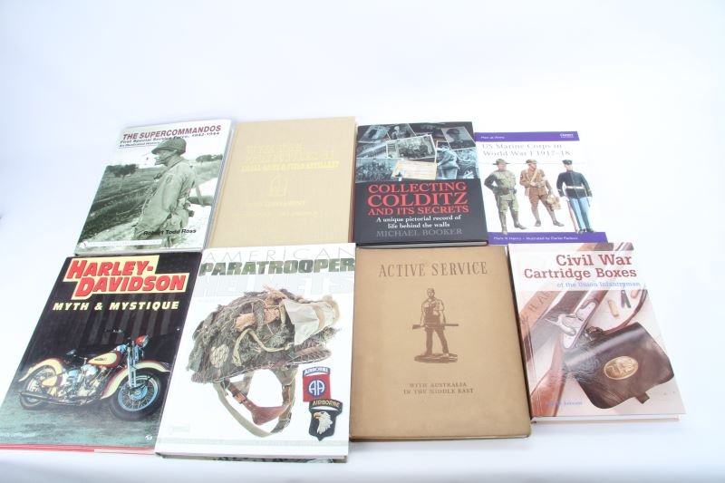 18 NEAR NEW MILITARY CIGAR HARLEY REFERENCE BOOK: Titles include The Supercomandos, Harley Davidson myth & Mystique, Civil War Projectiles Volume II, U.S. Marine Corp in WWI, Combat Flying Clothing, The M-1 Helmet, Uniforms and Equipment of the Imper