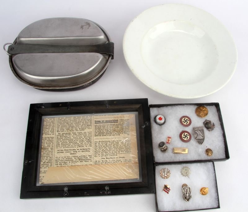 WWII MILITARY COLLECTABLES LOT U.S. THIRD REICH: Includes Wehrmacht Eagle Bauscher Weiden 1939 bowl, SA uniform advertising, 1944 U.S. Mess kit, two frames containing Party pins, Tinnis, USMC EGA and more, collection of Photos original and copies, p