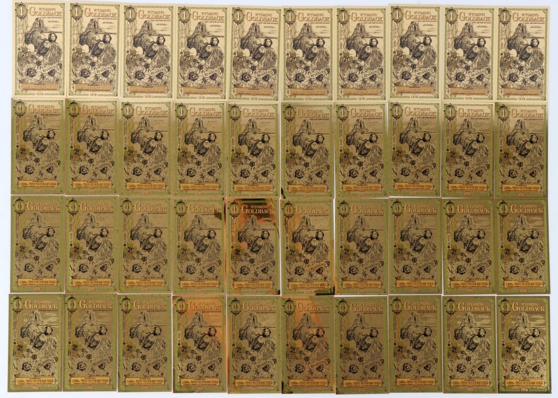 FORTY 1/1000 OZT 24KT WYOMING $1 GOLDBACK CURRENCY: Lot of 40 privately issued Wyoming Gold back 1/1000 oz (0.001 oz) of .999 fine 24kt Gold. This lot has a reserve.