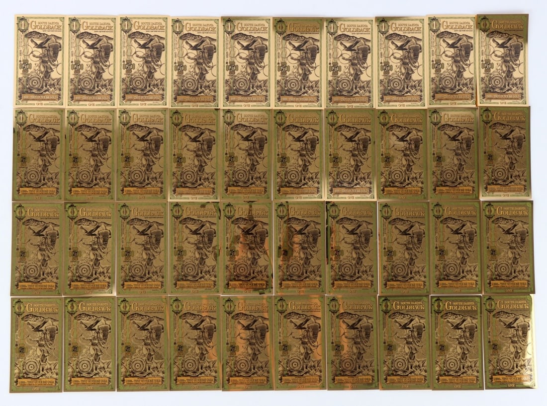 FORTY 1/1000 OZT S DAKOTA $1 GOLDBACK CURRENCY: Lot of 40 privately issued South Dakota Gold back 1/1000 oz (0.001 oz) of .999 fine 24kt Gold. This lot has a reserve.