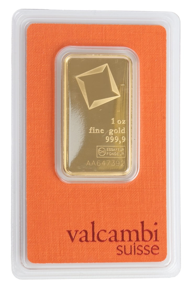 ONE 1 TROY OUNCE .9999 SWISS VALCAMBI GOLD BAR: One 1 ozt .9999 gold bar from Valcambi. This lot has a reserve.