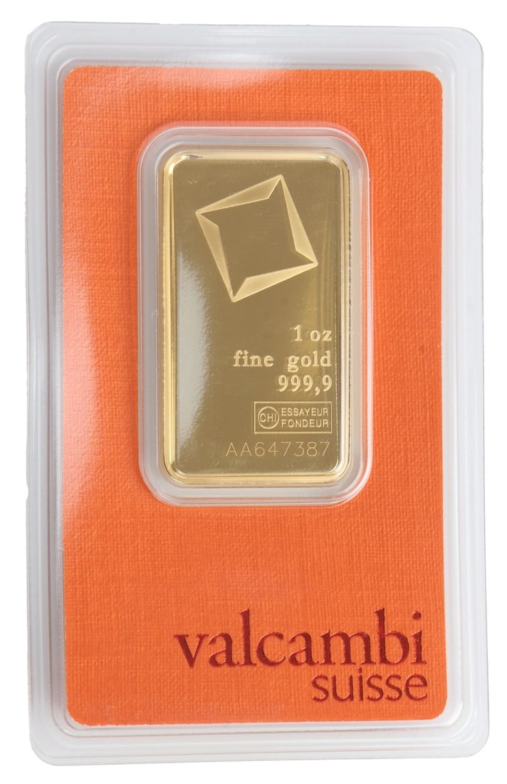 ONE 1 TROY OUNCE .9999 SWISS VALCAMBI GOLD BAR: One 1 ozt .9999 gold bar from Valcambi. This lot has a reserve.