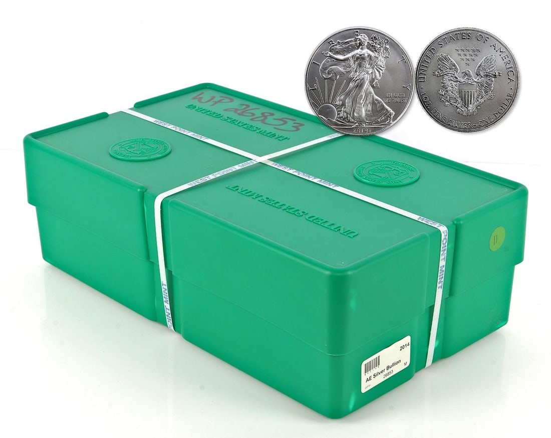 SEALED US MINT SILVER EAGLE MONSTER BOX: .999 fine silver. 500 coins. One troy ounce each. All 2014. This lot has a reserve.