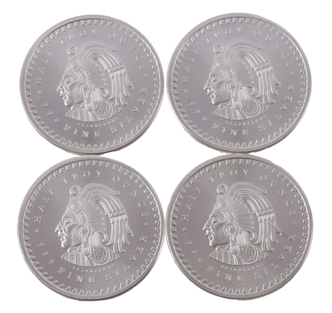 4 HALF TROY OUNCE .999 SILVER AZTEC ROUNDS: Fine silver. This lot has a reserve.