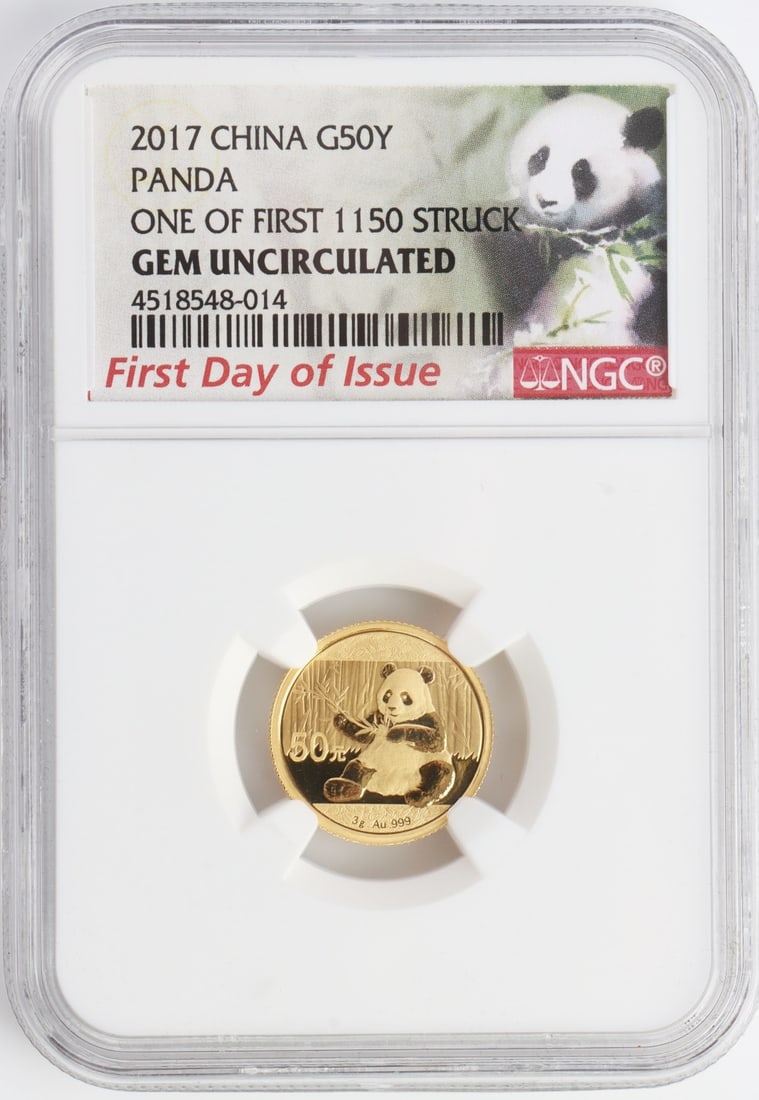 2017 CHINA 50 YEN GOLD PANDA 3 GRAM .999 FINE: NGC First Day Issue. Graded and encapsulated. This lot has a reserve.