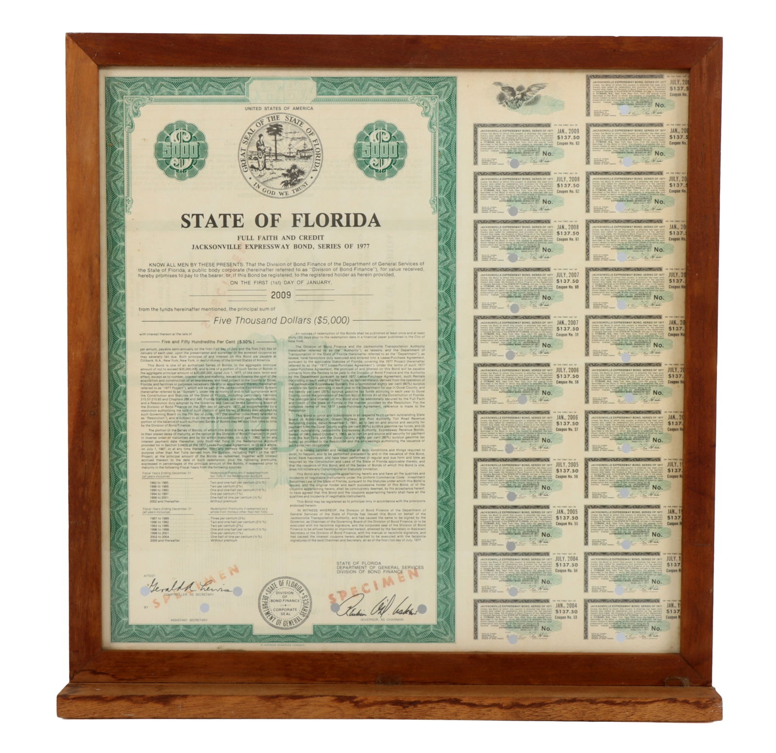 STATE OF FLORIDA 1977 JACKSONVILLE EXPRESSWAY BOND: Framed 17 x 17 inches, Ruben Askew signed, marked as specimen. $5000.00. This lot has a reserve.