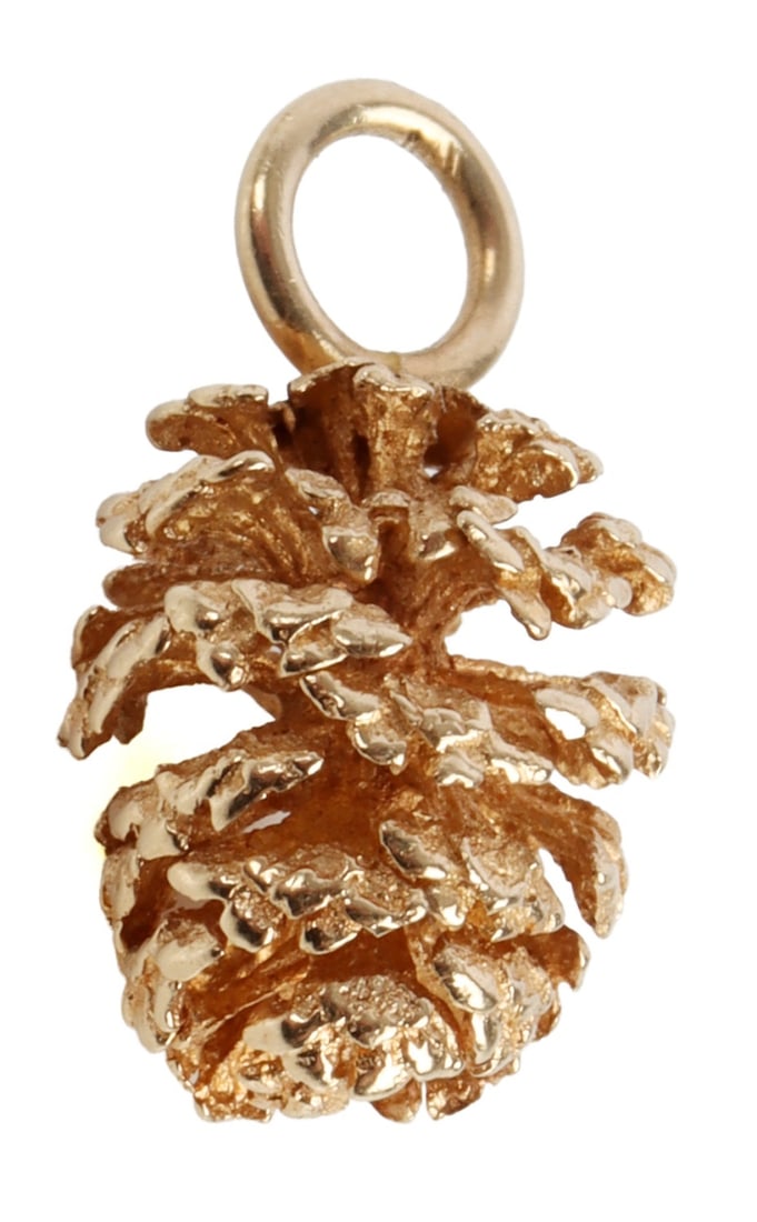 14KT YELLOW GOLD PINE CONE CHARM OR PENDANT: 14kt yellow gold 3D pine cone. Can be used as a charm or pendant. Piece is unmarked. Acid tests for 14kt. Dimensions 0.60 x 0.33 x 0.31 inches. This lot has a reserve.