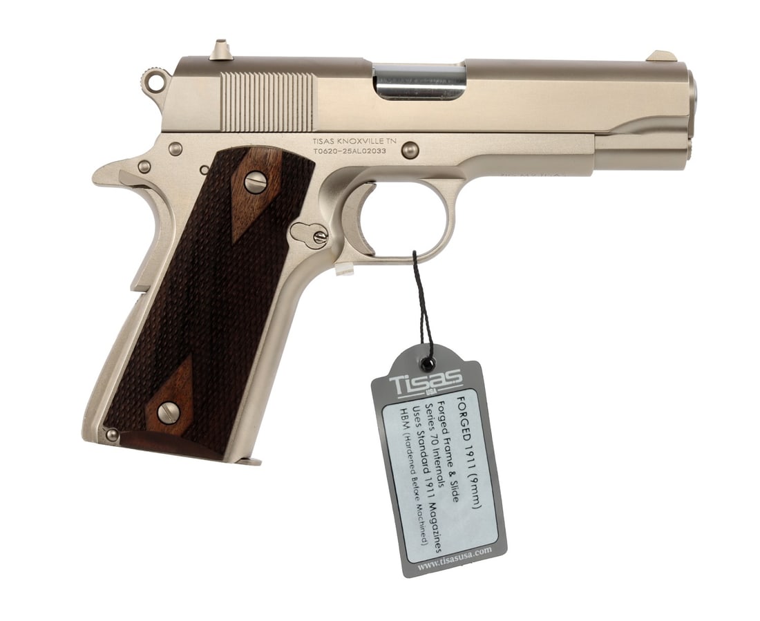 TISAS 1911 A1 TANK COMMANDER NICKEL 9MM PISTOL NIB: New in box Tisas 1911A1 Tank Commander semi-automatic pistol. Barrel length 4.25 inches. Forged steel frame and slide, matte nickel finish and checkered walnut grips. Series 70 internals. Includes two