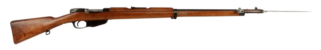 ROMANIAN CONTRACT STEYR MD.1892 BOLT ACTION RIFLE: Romanian contract Steyr Model 1892 Mannlicher bolt-action rifle with Steyr knife bayonet. One of 8,000 trial rifles manufactured for the Romanian government. Barrel length 29 inches. Rifle overall len