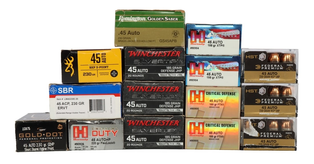 300 RDS .45 AUTO JHP PREMIUM DEFENSE AMMO: Lot of 300 rounds factory new .45 ACP jacketed hollow point pistol ammunition. Includes 3 boxes Winchester Silvertip 185gr JHP, 3 boxes Federal Premium 230gr HST JHP, 1 box Remington Golden Saber 230g