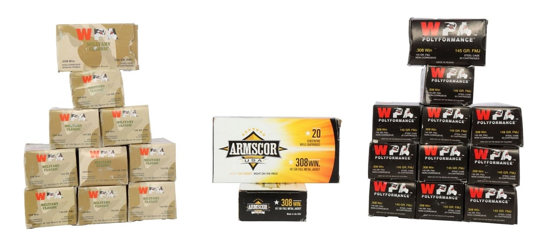 460 RDS .308 WIN 145GR FMJ WOLF RIFLE AMMO: Lot of 460 rounds factory new .308 Win / 7.62x51 145gr FMJ centerfire rifle ammo. Wolf Military Classic and Polyformance steel case and 2 boxes Armscor.