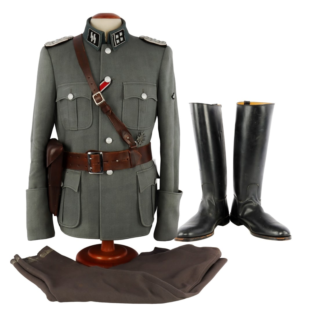 WESTERN COSTUME CO. ADOLF EICHMANN UNIFORM: Six-piece Adolf Eichmann uniform produced by the Western Costume Company for use in a 20th Century Fox motion picture, probably Operation Eichmann (1961) starring Werner Klemperer. Includes tunic of g