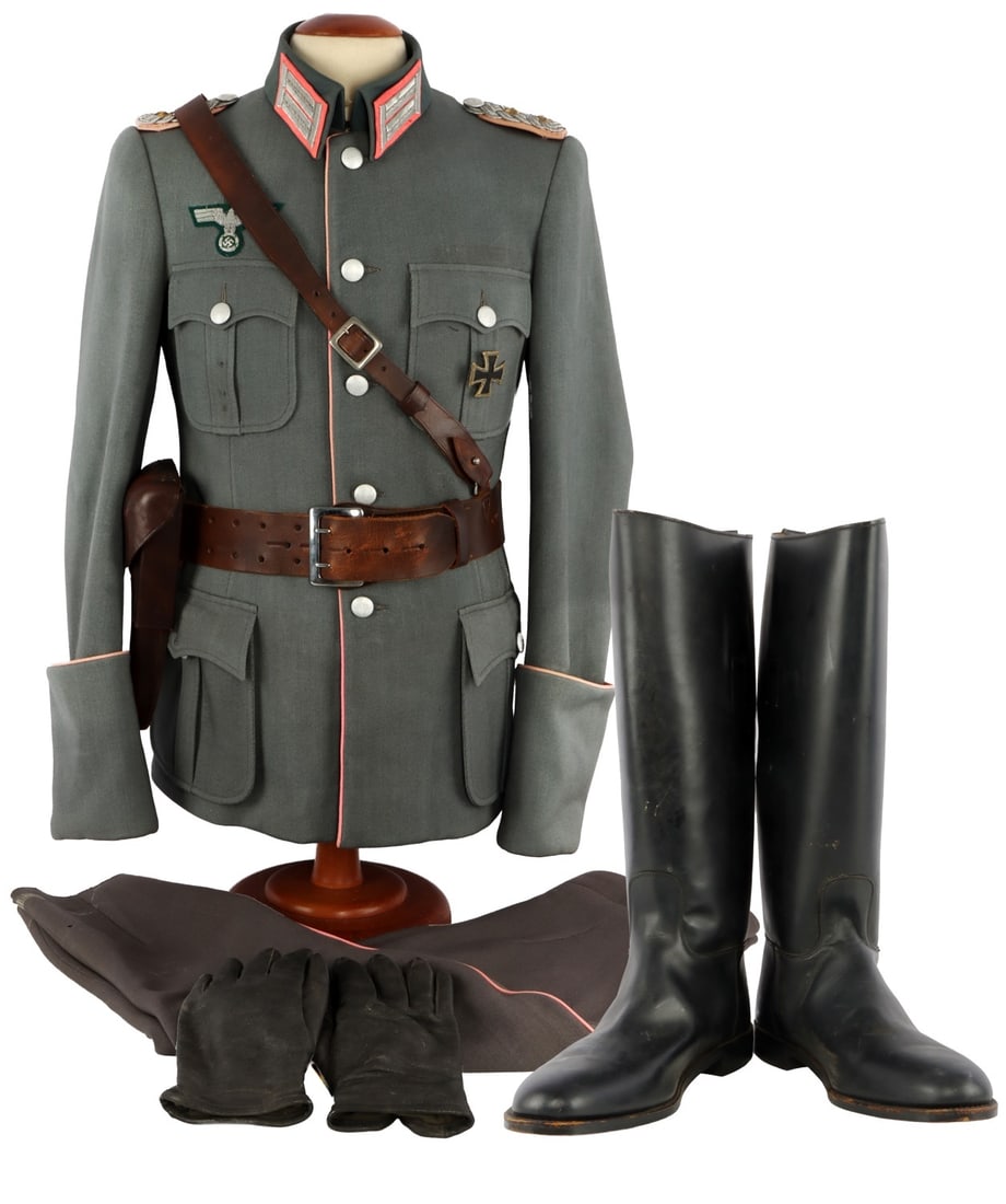WESTERN COSTUME CO. CLAUS VON STAUFFENBERG UNIFORM: Seven-piece Claus Von Stauffenberg uniform produced by the Western Costume Company for Eduard Franz, who played Stauffenberg in The Desert Fox: The Story of Rommel (1951). Includes tunic of grey wool