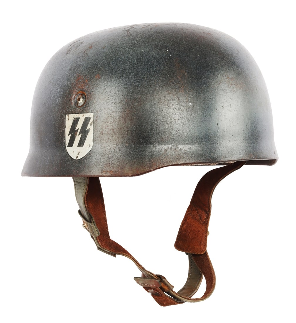 WWII GERMAN REICH SS-FALLSCHIRMJAGER STAHLHELM: An M38 Fallschirmjaeger helmet for Waffen-SS Fallschirmjaeger Battalion 500/600.