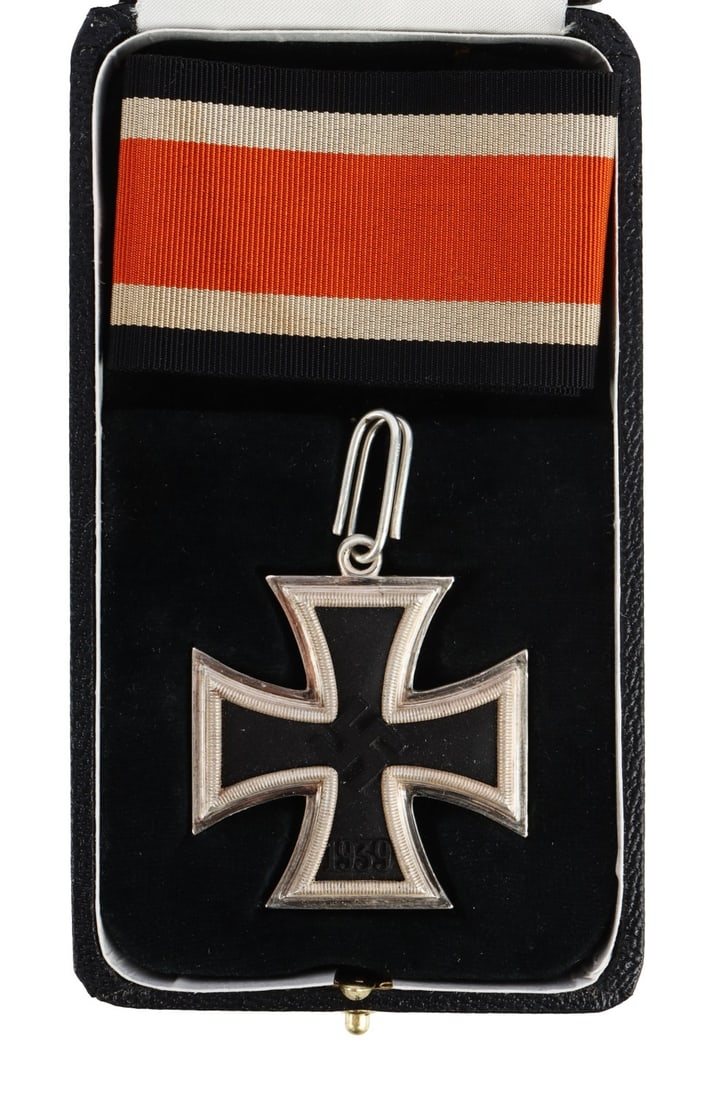 WWII GERMAN KNIGHTS IRON CROSS DISPLAY PIECE: WWII German Knight's Iron Cross. Display type weighing 36 grams and marked with upright 2 and 800. Has slightly rounded Juncker type center. Ribbon loop is part of the frame die and marked 800. Comes