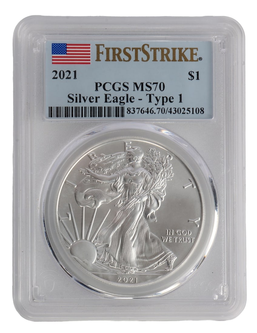 2021 SILVER EAGLE T1 FIRST STRIKE PCGS MS 69: PCGS graded and encapsulated. This lot has a reserve.