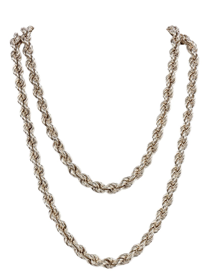925 STERLING SILVER ROPE CHAIN NECKLACE: 925 sterling silver rope chain necklace. Chain measures 30 inches long and 52.55 mm wide. Clasp stamped "925." This lot has a reserve.