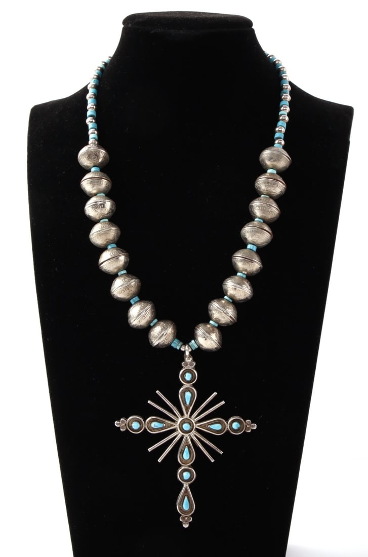 NAVAJO STERLING SILVER CROSS ROOSEVELT DIMES: Navajo necklace with sterling silver cross with stampede turquoise. There are 16 beads made from Roosevelt dimes after 1965. Rest of beads are mix of turquoise and Navajo pearls. Stamped 925 on clasp.