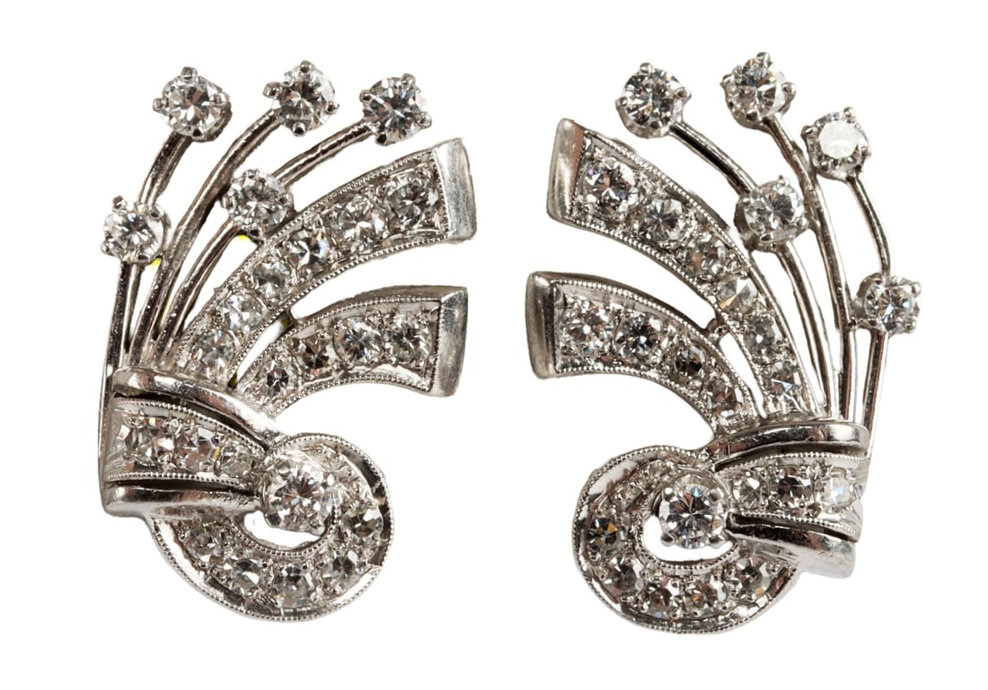 PAIR OF PLATINUM GOLD & DIAMOND EARRINGS: One pair of platinum diamond earrings. Contains 48 full cut and single round diamonds weighing approximately .02 to .06 carats each, totaling approximately 2 carats. Grades of clarity are VVS-1 to S-1