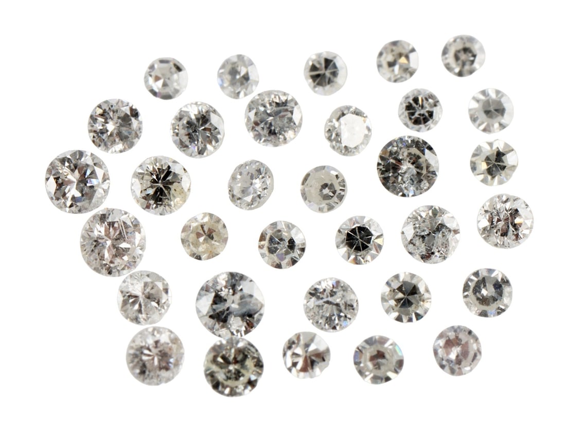 RECLAIMED LOOSE DIAMONDS ROUND CUT 1.14 TCW: Loose diamonds reclaimed from 14kt gold earrings. 32 round cut diamonds weighing approximately 0.05 carats (2.53 X 2.51 X 1.62mm ) 0.02 carats (1.84 X 1.80 X1.04 mm). Clarity : SI1- I1, Color grade : 