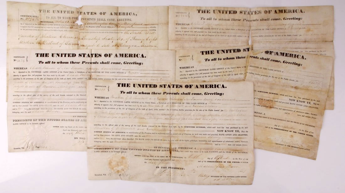 MARTIN VAN BUREN PRESIDENTIAL LAND GRANT LOT OF 5: A dealer's lot of five Presidential land grants with a secretarial signature from Martin Van Buren.