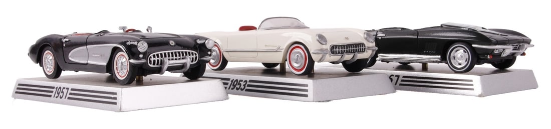 THREE CORVVETTE CONVERTIBLE MODELS FROM DANBURY: Three Corvette convertible models from the Danbury Mint. 1953, 1957, and 1967.
