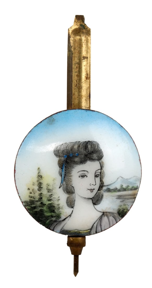 HAND PAINTED ENAMEL ANTIQUE CLOCK PENDULUM: Antique hand painted enamel clock pendulum. Likely French from a mantel clock. Dimensions 4.75 X 2.25 inches. Painting is 2.25 X 2.25 inches